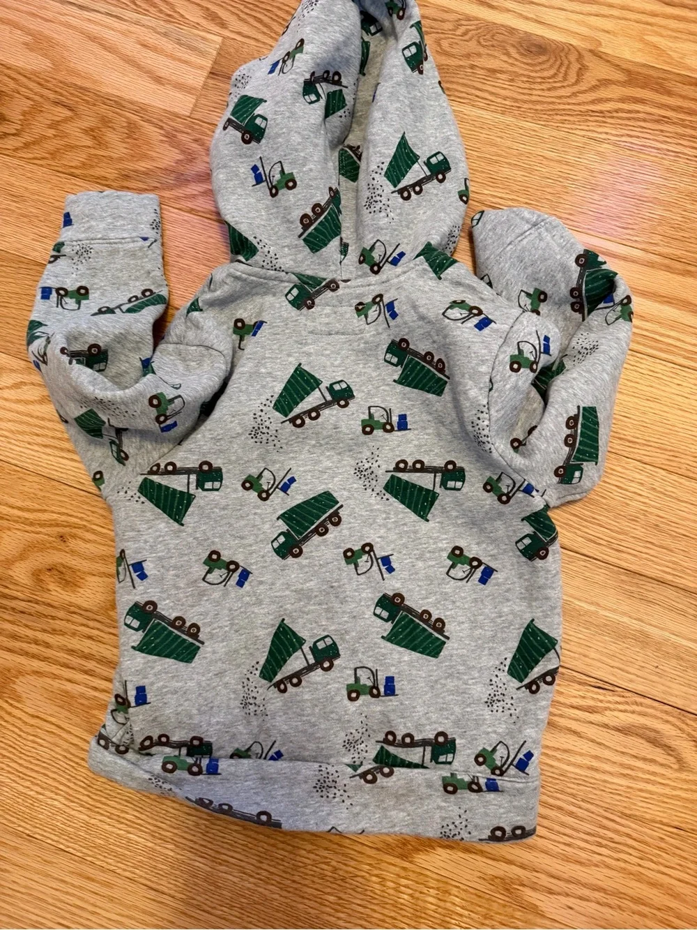 Old Navy Gray Hooded Zip-Up Sweatshirt with Green and Blue Truck Print